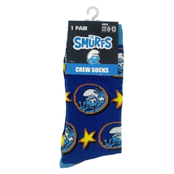 Smurfs Unisex Crew Socks Blue Yellow Stars Cartoon Style Fits Shoe Size 6–13 - Picture 1 of 7